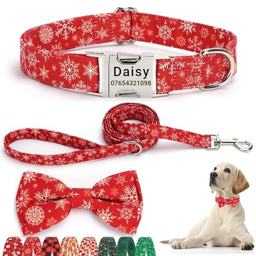 SEOUGEE Weihnachts-Hundehalsband, personalisierbar mit Fliege und Leine, verstellbare Hundehalsbänder und Leine aus Baumwolle, mit gravierter Metallschnalle für kleine Hunde (rotes Schneeflocken-Set, SEOUGEE Weihnachts-Hundehalsband, personalisierbar mit Fliege und Leine, verstellbare Hundehalsbänder und Leine aus Baumwolle, mit gravierter Metallschnalle für kleine Hunde (rotes Schneeflocken-Set, von SEOUGEE