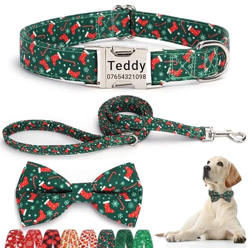 SEOUGEE Weihnachts-Hundehalsband, personalisierbar mit Fliege und Leine, verstellbare Hundehalsbänder und Leine aus Baumwolle, mit gravierter Metallschnalle für mittelgroße Hunde (grünes Strumpf-Set, SEOUGEE Weihnachts-Hundehalsband, personalisierbar mit Fliege und Leine, verstellbare Hundehalsbänder und Leine aus Baumwolle, mit gravierter Metallschnalle für mittelgroße Hunde (grünes Strumpf-Set, von SEOUGEE