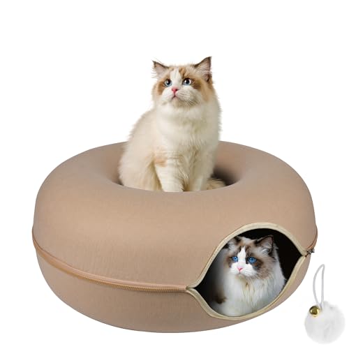 SERLD Peekaboo Katzenhöhle, Katzentunnelbett für Hauskatzen, Donut-Tunnel für Haustier-Katzenhaus, abnehmbarer runder Katzenfilz und waschbarer Innen-Katzenspieltunnel (groß, Beige) von SERLD