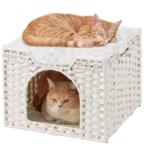 SETVSON Katzenbetten für Indoor-Katzen, Katzenhöhle Kätzchenbett Katzenbett Höhle Katzenversteck Handgewebte Rattan-Katzenhäuser Katzenhöhle Bett große Katzenwürfel überdachtes Katzenbett Katzenhütte von SETVSON