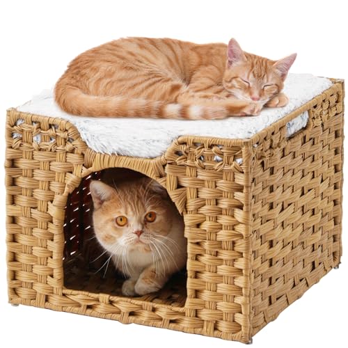 SETVSON Katzenbetten für den Innenbereich, handgewebte Rattan-Katzenhöhle, Haustierwürfel, große Katzenhäuser, eine Bettmatte, faltbar, Versteck 41,9 x 41,5 x 33,2 cm, 2 S-förmige Haken im Wohnzimmer, SETVSON Katzenbetten für den Innenbereich, handgewebte Rattan-Katzenhöhle, Haustierwürfel, große Katzenhäuser, eine Bettmatte, faltbar, Versteck 41,9 x 41,5 x 33,2 cm, 2 S-förmige Haken im Wohnzimmer, von SETVSON