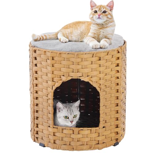 SETVSON Katzenhaus für Indoor-Katzen, große Doppel-Katzenhäuser Katzenbett Höhle, handgewebte Rattan-Haustierbetten mit doppelseitigem weichem Pad, 43,2 x 43,2 x 43,2 cm, faltbares Kätzchenversteck im von SETVSON