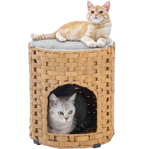 SETVSON Katzenhaus für Indoor-Katzen, große Katzenhäuser, handgewebte Rattan-Kätzchenhöhle, Haustier-Kätzchenbett bedeckt, eine doppelseitige Bettauflage, 33 x 33 x 34 cm, faltbares Versteck im von SETVSON