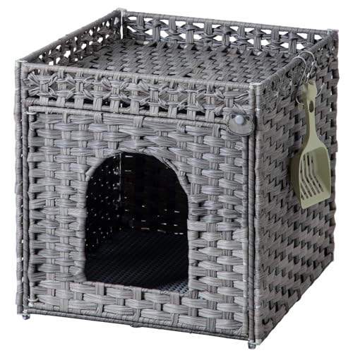 SETVSON Katzenklo Gehege Katzentoilette Möbel Versteckt mit Katzentoilette Matte, Katzentoilette Möbel mit Zwei S-förmigen Haken, Handgewebtes Rattan-Katzenhaus für Wohnzimmer, Schlafzimmer, (Grau) von SETVSON