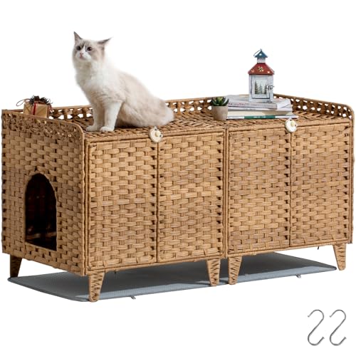 SETVSON Katzenklo Gehege für 2 Katzen, Doppeltes Katzenklo Gehege mit Katzenklo Matte, Groß Versteckte Kitty Katzentoilette Möbel mit Doppelzimmer, Handgewebtes Rattan-Katzenhaus mit Tür Natur SETVSON Katzenklo Gehege für 2 Katzen, Doppeltes Katzenklo Gehege mit Katzenklo Matte, Groß Versteckte Kitty Katzentoilette Möbel mit Doppelzimmer, Handgewebtes Rattan-Katzenhaus mit Tür Natur von SETVSON