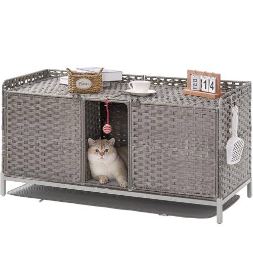 SETVSON Katzenklo Gehege für 2 Katzen, Verstecktes Katzenklo Möbel mit Matte, Großes Rattan-Katzenhaus mit Doppelzimmer und Tür, 47,3 L x 19,7 B x 24 H, 2 S-förmige Haken für Wohnzimmer, Grau von SETVSON