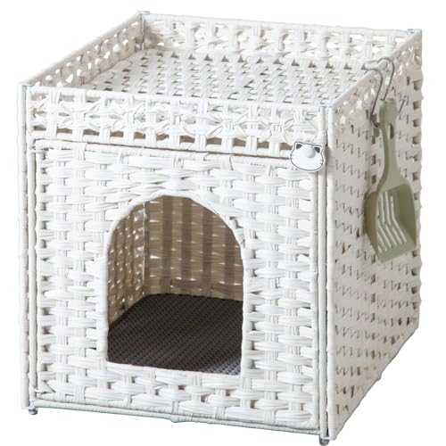 SETVSON Katzentoilette Gehege Möbel, Versteckte Katzentoilette mit Matte und Zaun, Handgewebtes Rattan-Katzenhaus mit zwei S-förmigen Haken für Wohnzimmer, Schlafzimmer, 18,5 x 20,5 x 19,1 Zoll (Weiß SETVSON Katzentoilette Gehege Möbel, Versteckte Katzentoilette mit Matte und Zaun, Handgewebtes Rattan-Katzenhaus mit zwei S-förmigen Haken für Wohnzimmer, Schlafzimmer, 18,5 x 20,5 x 19,1 Zoll (Weiß von SETVSON