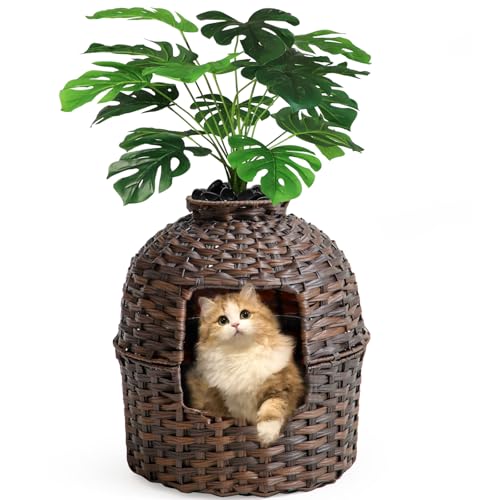 SETVSON Katzentoilette Möbel - Versteckte Katzentoilette mit Kunstpflanzen, Rattan-Gehege, Wohnzimmer (Braun) von SETVSON
