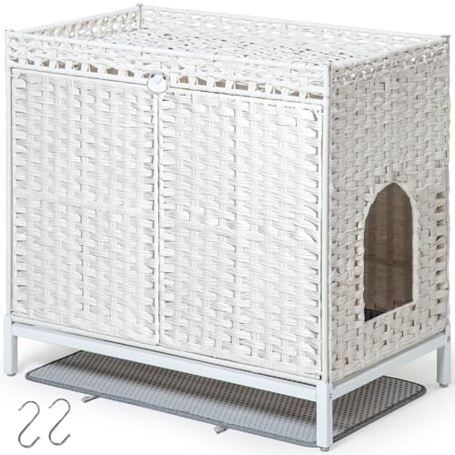 SETVSON Katzentoilette Umzäunung Möbel, Versteckte handgewebte Rattan-Klo mit Matte, großes Katzenhaus mit Metallfüßen, 76 x 47 x 71 cm, Innenbereich, für Wohnzimmer, Schlafzimmer, Weiß SETVSON Katzentoilette Umzäunung Möbel, Versteckte handgewebte Rattan-Klo mit Matte, großes Katzenhaus mit Metallfüßen, 76 x 47 x 71 cm, Innenbereich, für Wohnzimmer, Schlafzimmer, Weiß von SETVSON