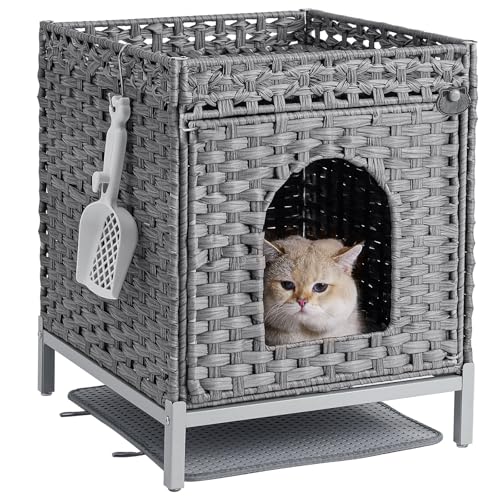 SETVSON Katzentoilette mit versteckten Metallfüßen, handgewebtes Katzenhaus mit Katzentoilette, Rattan, Katzentoilette, Möbel für Schlafzimmer, Grau von SETVSON