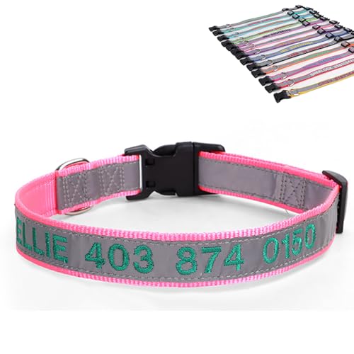 Reflektierendes Hundehalsband, personalisierbar, personalisierbar, mit Haustiername und Telefonnummer, kann mit einem Zugseil verwendet werden (Rosa) von SEVSO