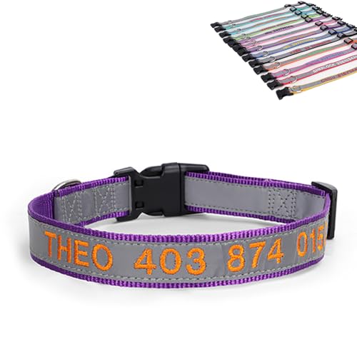 SEVSO Reflektierendes Hundehalsband, personalisierbar, personalisierbar, mit Haustiername und Telefonnummer, kann mit einem Zugseil verwendet werden (Dunkelviolett) von SEVSO