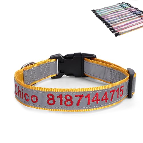 SEVSO Reflektierendes Hundehalsband, personalisierbar, personalisierbar, mit Haustiername und Telefonnummer, kann mit einem Zugseil verwendet werden (Gelb) von SEVSO
