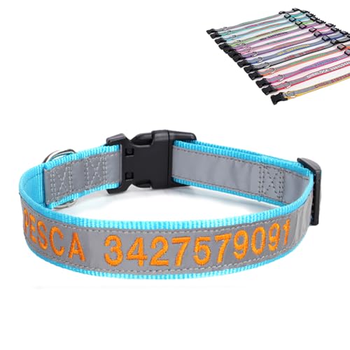 SEVSO Reflektierendes Hundehalsband, personalisierbar, personalisierbar, mit Haustiername und Telefonnummer, kann mit einem Zugseil verwendet werden (Himmelblau) von SEVSO