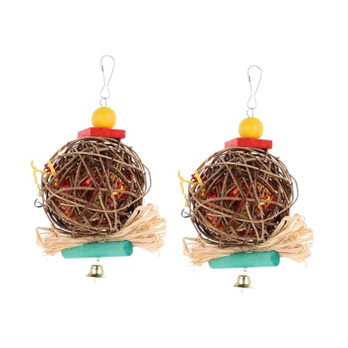 SEWOART 2X Rattan-Kugel-kauspielzeug Für Papageien Vogel-beißspielzeug Hängendes Spielzeug Mit Glocke Für Ziervögel von SEWOART