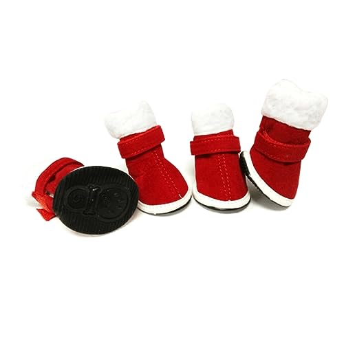 SEWOART Welpenschuhe 4 Stück hundeschuhe Hundeweihnachtsschuhe Weihnachtshund Stiefeletten Winterschuhe Regenstiefel warm halten Baumwollstiefel rutschfeste Schuhe Haustierzubehör rot von SEWOART