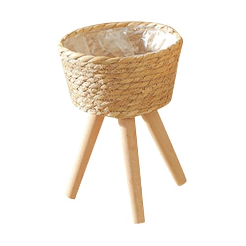 SEWOART Geflochtener Pflanzkorb Aus Gras Und Holz Blumentopfständer Mit Stabilitätstativ Für Wohnzimmer Küche Balkon Und Garten von SEWOART