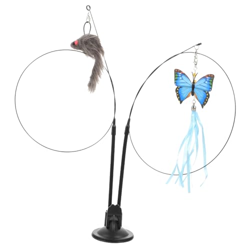 SEWOART Doppelseitiger Katzen-Teaser Mit Saugnapf Handheld Spielzeug Für Katzen Mit Wechselbaren Federköpfen Blaues Schmetterling Graue Interaktives Katzenspielzeug Und von SEWOART