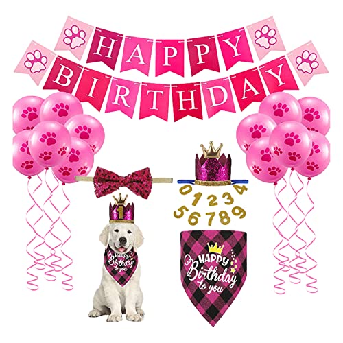 Hunde-Geburtstagsdekoration-Set – Wiederverwendbarer Hut, Halstuch und Fliege, waschbar, inkl. Luftballons für den ersten Geburtstag von Welpen (rosa) von SEYIMTU