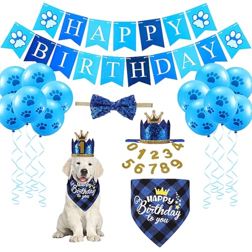 Komplettes Hundegeburtstagsdekorationsset – wiederverwendbarer Hut, Bandana und Fliege für kleine/mittelgroße Hunde, waschbarer Stoff, inklusive Luftballons für Welpenerste Geburtstagsparty (blau) von SEYIMTU