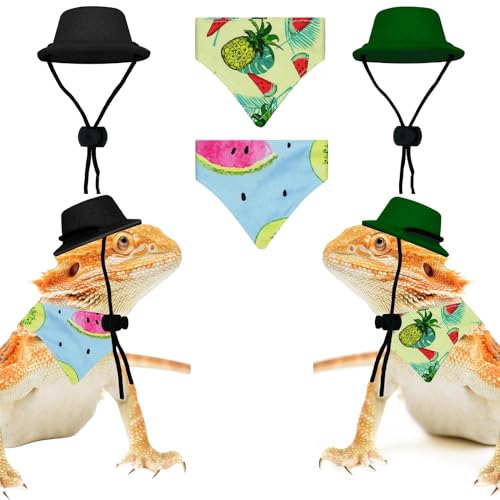 Bartdrache Hawaii-Kostüm – 4 Stück, verstellbare Eidechse, Sommerhut, Obstmuster, Bandana, Reptilien, Halloween-Outfit, Foto-Requisiten für Gecko, Chamäleon, Amphibien, Frettchen, Hamster (4 Stück, von SEZDEKI