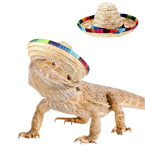Sombrero-Hüte für Bartagamen, Eidechse, Cinco de Mayo, Strohhut mit verstellbarem Kinnriemen, mexikanisches Kostüm, Zubehör für Reptilien, Hamster, Leopard, Gecko, Frettchen, Meerschweinchen, 2 Stück von SEZDEKI