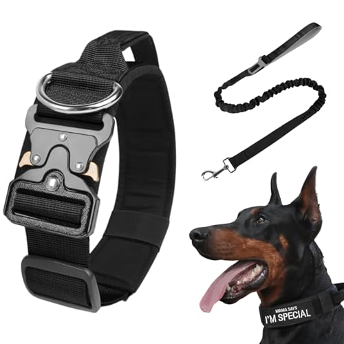 Taktisches Hundehalsband und Leine, Militär-Halsband mit Griff und schwerer Metallschnalle, verstellbar, Nylon, Bungee-Leine, Trainingshalsband und Leine mit Patches für mittelgroße und große Hunde von SEZDEKI