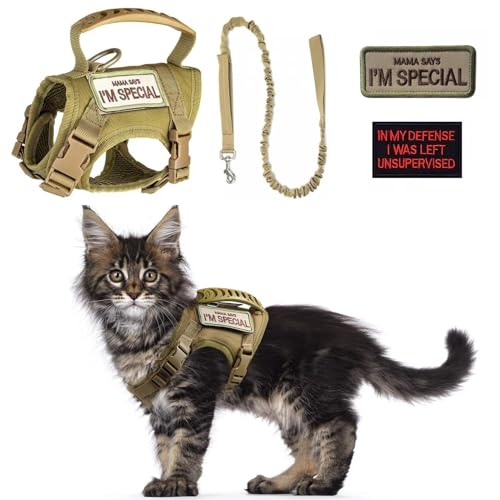 Taktisches Katzengeschirr und Leine, Set zum Spazierengehen, ausbruchsicher, verstellbar, große Katzengeschirr mit Flicken, weiche Netzpolsterung, Gummigriff, leicht zu kontrollieren (Khaki Geschirr Taktisches Katzengeschirr und Leine, Set zum Spazierengehen, ausbruchsicher, verstellbar, große Katzengeschirr mit Flicken, weiche Netzpolsterung, Gummigriff, leicht zu kontrollieren (Khaki Geschirr von SEZDEKI