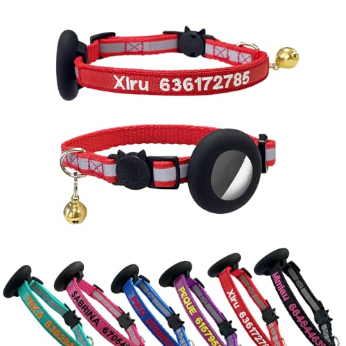 Airtag Katzenhalsband, personalisierbar, Nylon, bestickt mit Haustiernamen und Telefonnummer, mit wasserdichter Airtag-Halterung und Glocke (reflektierend) von SF Custom