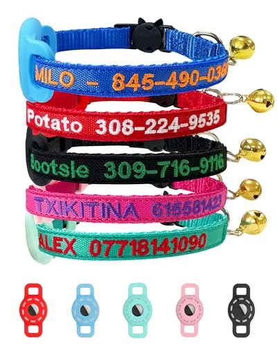 Airtag Katzenhalsband, personalisierbar, Nylon, bestickt mit Haustiernamen und Telefonnummer, mit wasserdichter Airtag-Halterung und Glocke (solid) von SF Custom