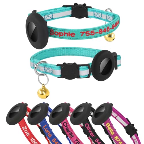 Airtag-Katzenhalsband, personalisierbares Nylon-Halsband, bestickt mit Haustiernamen und Telefonnummer, mit wasserdichter Airtag-Halterung und Glocke (mit Silikon-Airtag-Schutzhülle) von SF Custom
