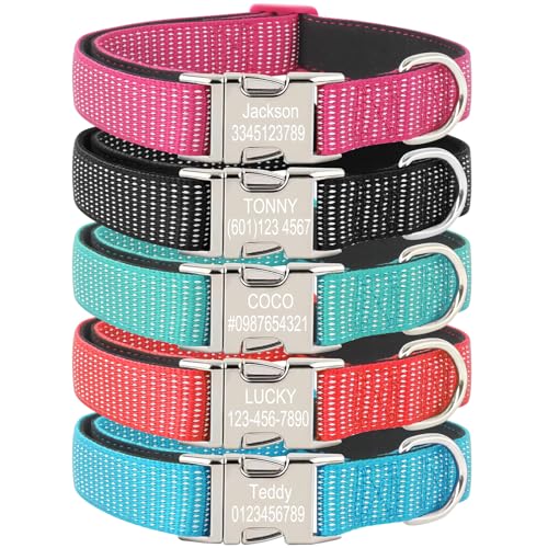 Individuelles lasergraviertes Hundehalsband mit reflektierendem Nylon und sicherer Metall-ID-Schnalle, verstellbares Haustierhalsband für kleine/mittelgroße und große Hunde (Metallschnalle) von SF Custom