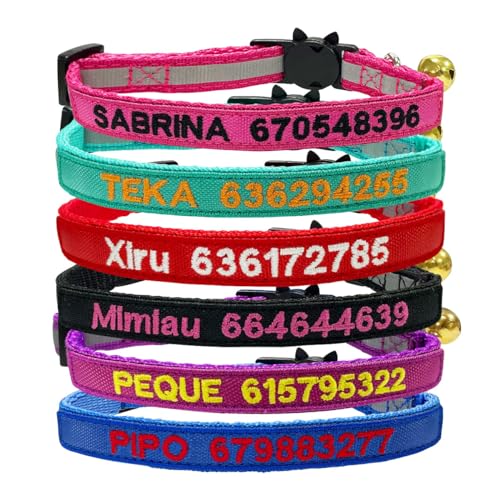 Personalisierbares Katzenhalsband, Nylon, bestickt mit Haustiernamen und Telefonnummer, verstellbares Halsband mit Glocke (Sicherheitsschnalle) von SF Custom