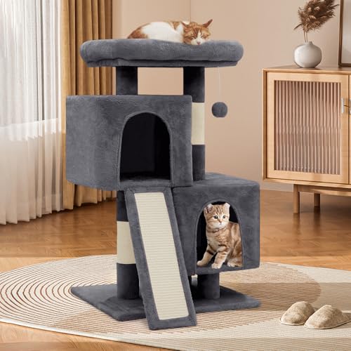 Kratzbaum Turm mit 2 Katzenhütte, Katzenturm mit Kratzbaum & Sisalüberzogenes Kratzbrett Leiter, Katzenkletterturm, Katzenbaum für Indoor-Katzen 86.4 cm, Rauchgrau Kratzbaum Turm mit 2 Katzenhütte, Katzenturm mit Kratzbaum & Sisalüberzogenes Kratzbrett Leiter, Katzenkletterturm, Katzenbaum für Indoor-Katzen 86.4 cm, Rauchgrau von SFIHOME