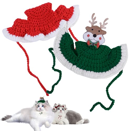 Niedlicher Katzenhut, Strickmützen für Katzen, lustiges Katzen-Outfit, Katzenhüte für Katzen, Geburtstag, Weihnachten, Halloween (Elch und Rot, Einheitsgröße), 2 Stück von SGQTZDZQ