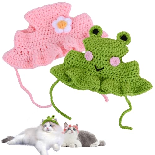 Niedlicher Katzenhut, Strickmützen für Katzen, lustiges Katzen-Outfit, Katzenhüte für Katzen, Geburtstag, Weihnachten, Halloween (Rosa und Grün, Einheitsgröße), 2 Stück von SGQTZDZQ