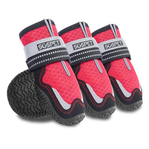 SGSPET 4 Stück Hundeschuhe Pfotenschutz Hunde Schuhe Outdoor atmungsaktiv Hundeschuhe Hundesocken Anti Rutsch für Füße mit Einer Breite (ROT, 3#(Breite-5.1cm) for 23-33Ibs) von SGSPET