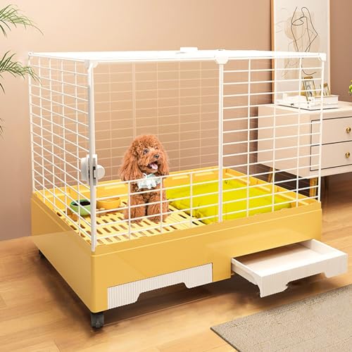 SGeneE Halbgeschlossene Katzengehege, 360° Universalrad und Doppeltür-Design, Katzenlaufstall mit 2 Aufbewahrungsschubladen, Übungsplatz ideal für 1-3 Katze, 76, Gelb von SGeneE