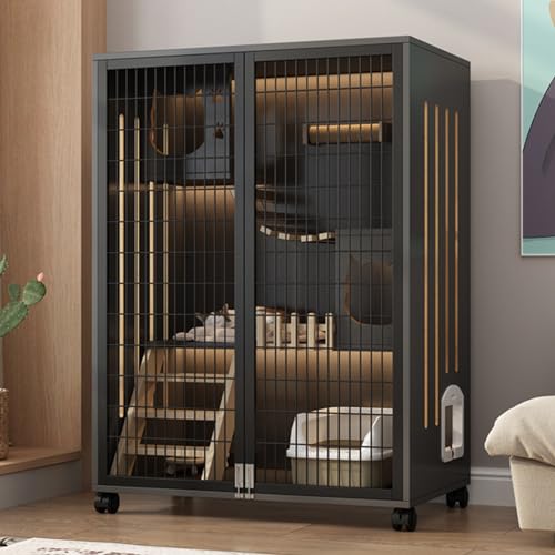 SGeneE Katzenkäfig mit Katzentoilette, großes 3-stöckiges Katzengehege aus Holz, mit Katzenkratzbaum + Hängebrücke, Kleintier-Indoor-Katzenlaufstall, großer Platz für 1-2 Katzen, 130, Grau+Schwarz von SGeneE
