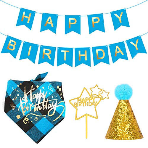 SH-RuiDu Geburtstagspartyzubehör für Haustiere, Hunde-Geburtstagshut, kariert, Bandana, Happy Birthday, Banner, Kuchenaufsatz-Set, Geburtstagsgeschenk, Dekorationen von SH-RuiDu