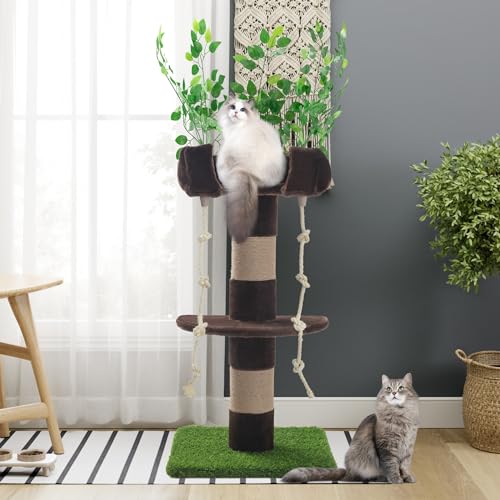 SHA CERLIN 55 Zoll Katzenbaum Turm mit Blättern/Gemütliche Katzen-Sitzstange mit Katzenkratzbaum für Indoor Kätzchen und Erwachsene Katzen/Sisalseil und Simulierter Rasen mit breitem Boden/Braun & SHA CERLIN 55 Zoll Katzenbaum Turm mit Blättern/Gemütliche Katzen-Sitzstange mit Katzenkratzbaum für Indoor Kätzchen und Erwachsene Katzen/Sisalseil und Simulierter Rasen mit breitem Boden/Braun & von SHA CERLIN