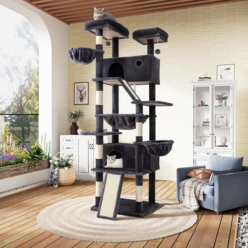 SHA CERLIN Mehrstöckiger hoher Kratzbaum für Innenkätzchen, größere Katzenhaus-Möbel mit Hängematte, gemütliche Pussycat-Sitzstangen, Sisal-Kratzstämme, Haustierhaus, breiter Boden, Dunkelgrau, 205,7 von SHA CERLIN
