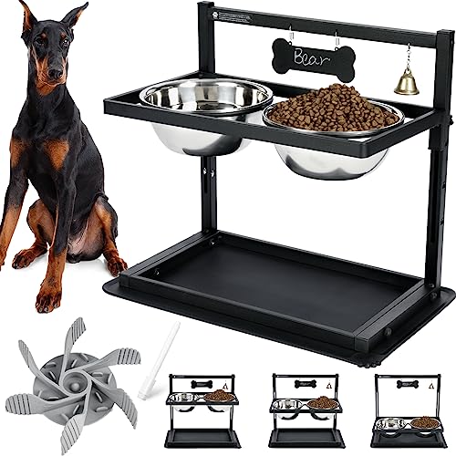SHAINFUN Erhöhte Hundenäpfe mit langsamer Futterstation, verstellbare Höhe, 2 Edelstahl-Futternäpfe für große Hunde und Katzen von SHAINFUN