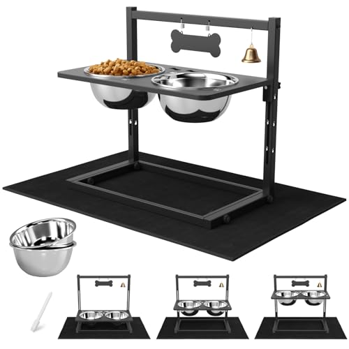SHAINFUN Erhöhte Hundenäpfe mit Matte, verstellbare Höhe, 10,9 - 30 cm, Metallständer, zwei 1,7 l Edelstahl-Futter- und Wassernäpfe für große, mittelgroße Hunde von SHAINFUN