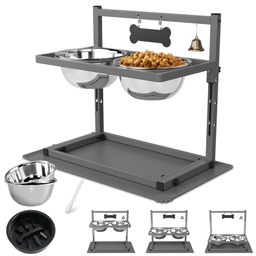 SHAINFUN Grauer erhöhter Hundenapfständer mit zwei 1700 ml Edelstahl-Futternapf, einem langsamen Futterspender und Silikon-Haustier-Futtermatte, verstellbarer Hunde-Futterspender, erhöhte Hundenäpfe von SHAINFUN