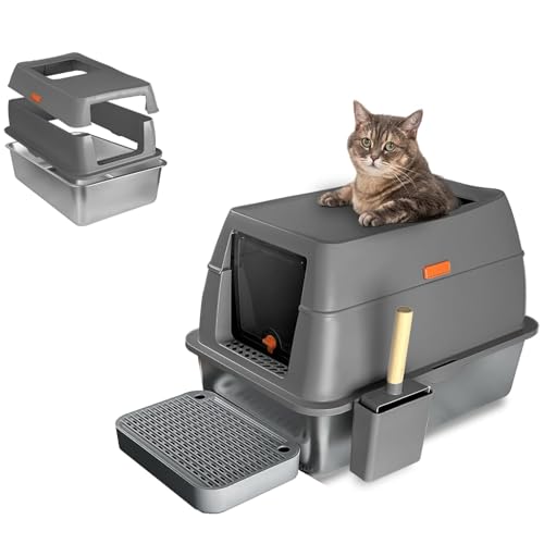SHANRROW Katzentoilette aus Edelstahl mit Deckel, große Katzentoilette, geruchsfreie Katzentoilette für mehrere Katzen, mit Katzentoilettenschaufel,Dark Gray SHANRROW Katzentoilette aus Edelstahl mit Deckel, große Katzentoilette, geruchsfreie Katzentoilette für mehrere Katzen, mit Katzentoilettenschaufel,Dark Gray von SHANRROW