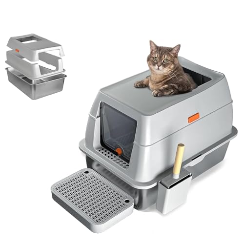 SHANRROW Katzentoilette aus Edelstahl mit Deckel, große Katzentoilette, geruchsfreie Katzentoilette für mehrere Katzen, mit Katzentoilettenschaufel,Grau SHANRROW Katzentoilette aus Edelstahl mit Deckel, große Katzentoilette, geruchsfreie Katzentoilette für mehrere Katzen, mit Katzentoilettenschaufel,Grau von SHANRROW