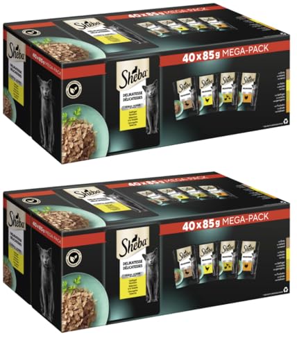 SHEBA Portionsbeutel Mega-Pack Multipack Delikatesse in Gelee Geflügel Variation (2X 3400g, Geflügel) von SHEBA