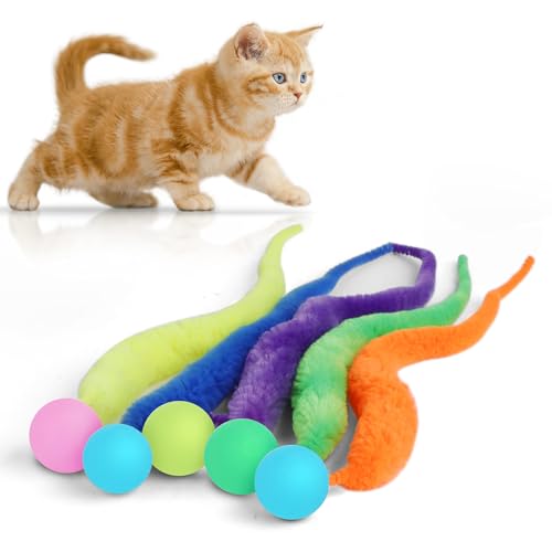 SHENGSEN Bouncy Tails Katzenspielzeug, 5 Packungen, großer Zauberwurm mit fluoreszierendem Ball, Spielzeug für Katzen, bunt, flauschiger Wurm, Hüpfball, Katzenspielzeug von SHENGSEN