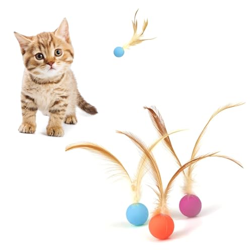 SHENGYIG Katzenspielzeug Ball, 3 Stück Interaktiver Spielball für Katzen, Elastischer Gummi Katzenbälle, mit Federn Wackelball für Katzen, für Katzenspiel und Training von SHENGYIG